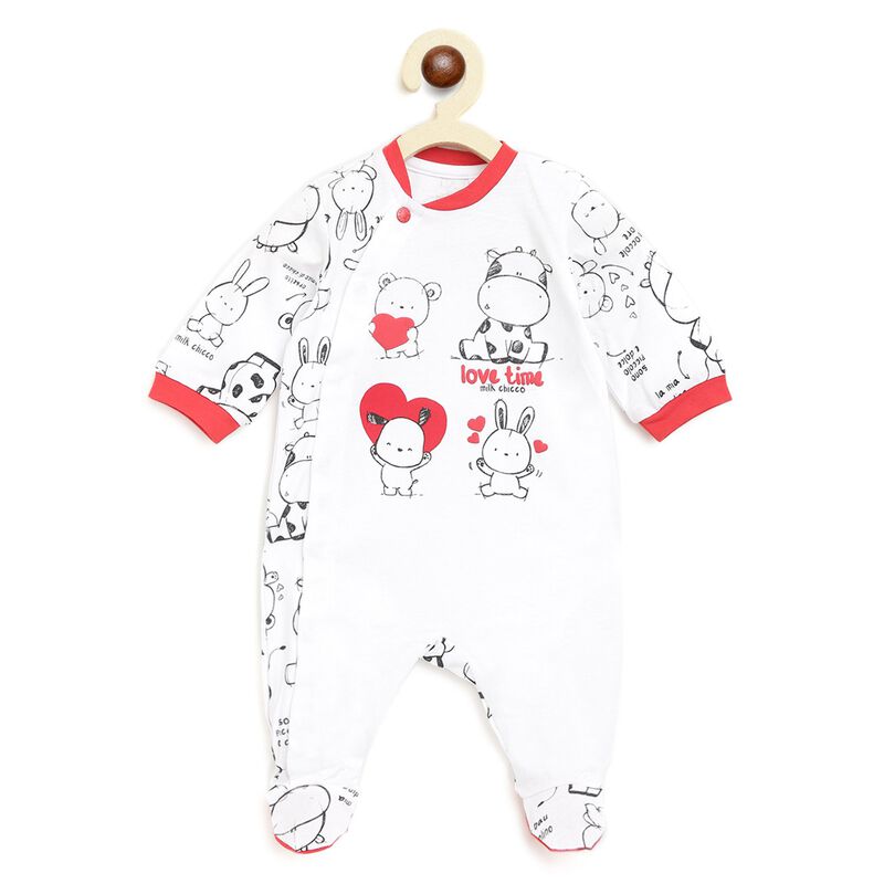 Infant White Printed Front Opening Babysuit image number 0